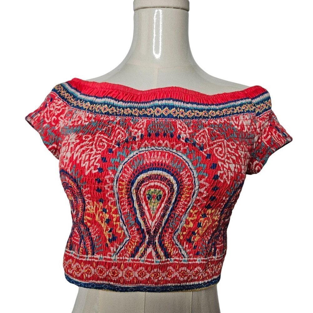 Flying Tomato Paisley Medium Off‎ Shoulder Crop Top Cinch Stretchy Boho Red